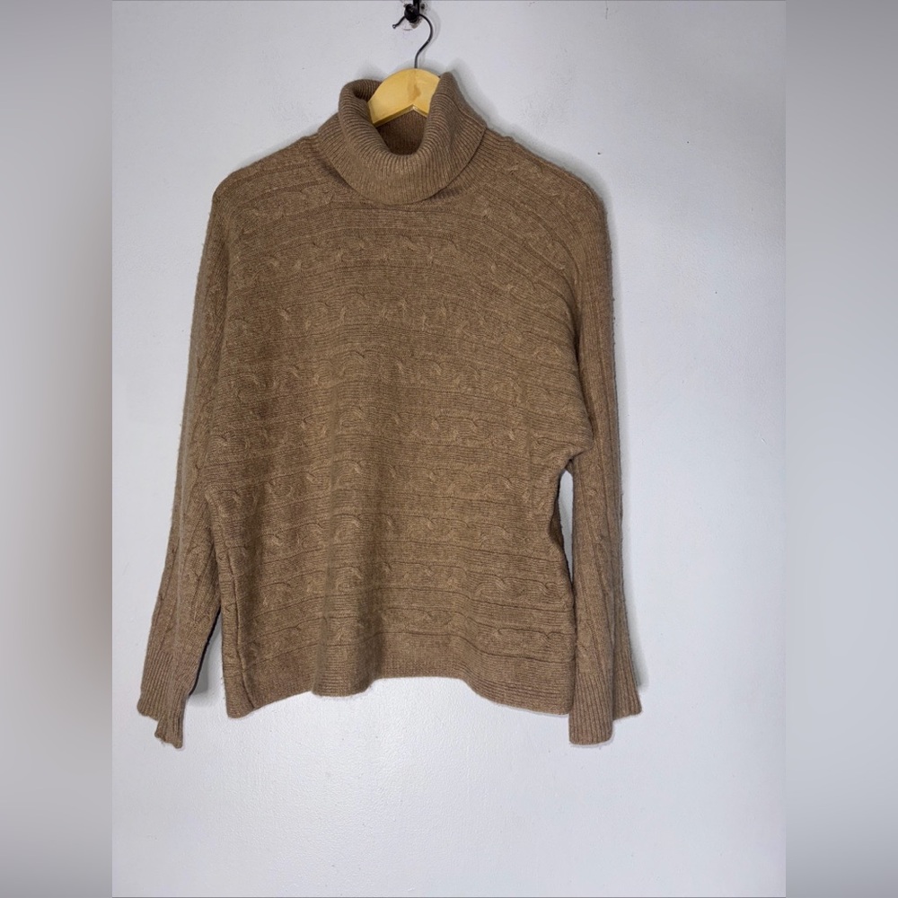 bianco blu sweater Tan Cableknit Cowl Neck Merino Wool Blend Large‎